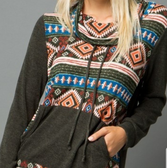 NWT Boutique Olive Aztec Cowl Neck Hoodie Tunic - Picture 2 of 2
